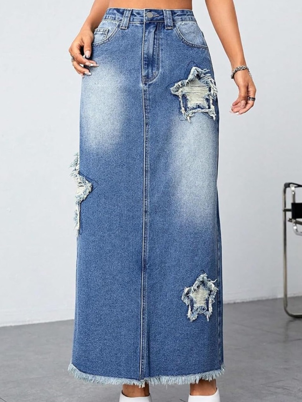 Star-Patch Distressed Denim Maxi Skirt with back Slit and Pockets size M